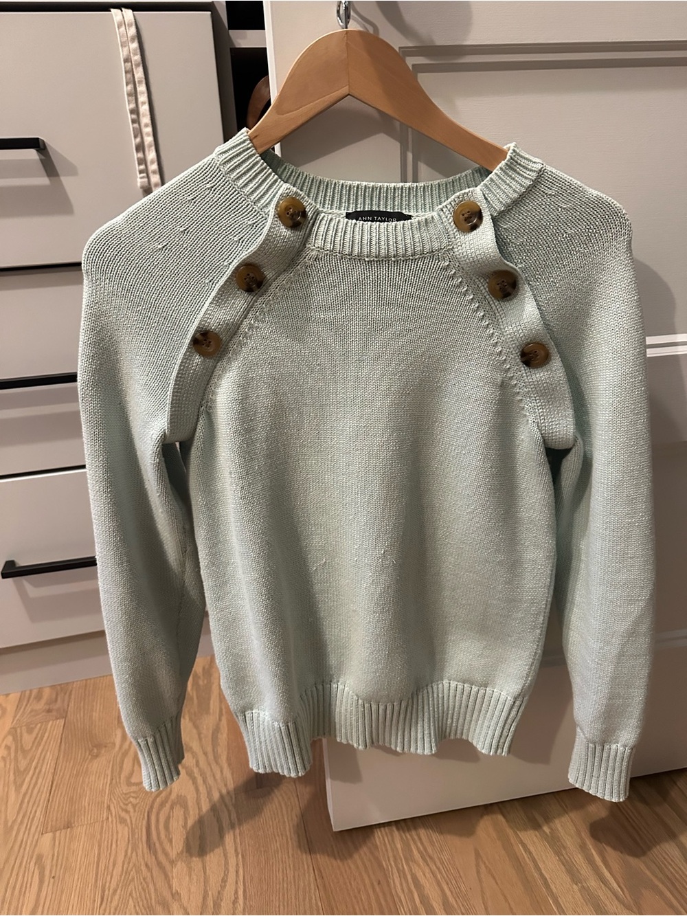 Ann Taylor Mint Crewneck Sweater with Button-Shoulder Detail